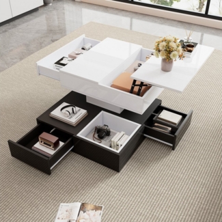 Merax Couchtisch hochglanz Sofatisch mit 360° drehbarer & anhebbarer Tischplatte (Beistelltisch, 90 x 90 x 55 cm, 1-St), Wohnzimmertisch mit 3 Schubladen, offenem Stauraum & verstecktem Fach