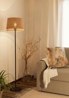 Eglo 43978 NATURE Stehleuchte TABLEY Stahl schwarz Textil natur, Holz E27 1X40W H:153cm Ø38cm mit Fußtrittschalter