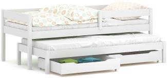 WNM Group Kinderbett Ausziehbar JULA mit Rausfallschutz und Lattenrost - Bett mit Schubladen - Ausziehbett fr Jugendliche - Jugendbett - Funktionsbett - Wei - 90x180 80x170