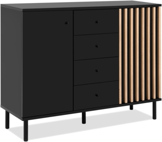 Sideboard >Monza< 2 Türen, 4 Schubladen, 2 Böden, 3D-Lamellen-Optik, schwarz / Dekor Artisan Eiche - 118x90x40cm (BxHxT)