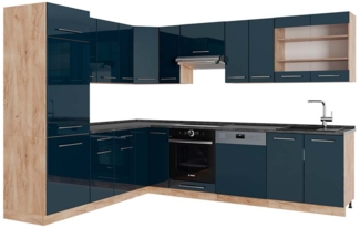 Vicco Eckküche Dunkelblau Hochglanz/Goldkraft Eiche 227x287 cm , AP Anthrazit, Fame-Line