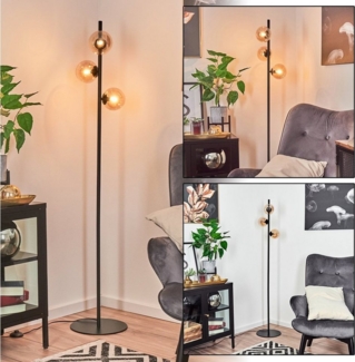 hofstein Stehlampe moderne Stehlampe aus Metall/Glas in Schwarz/Bernsteinfarben, ohne Leuchtmittel, Standleuchte, Glasschrime Ø12cm, Fußschalter, 3x G9, ohne Leuchtmittel