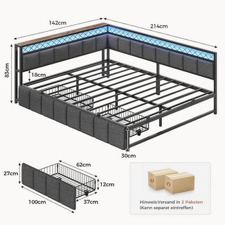 MSMASK Daybett Polsterbett Schlafsofa mit USB-Steckdosen und LED-Beleuchtung (1 tlg), Jugendbett mit 2 Schubladen, 140x200cm