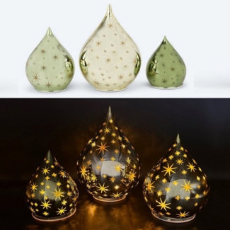 Online-Fuchs LED Dekoobjekt 3 Glastropfen mit LED Lichterkette, Leuchteffekten & Timer, Set, ruhiges Dauerleuchten oder Funkeleffekt möglich, warmweiße LED-Lichterkette, Stimmungslicht, Weihnachtsdeko