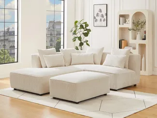 Vente-unique - Ecksofa mit Ottomane links mit Hocker aus beigem Cord MECODI