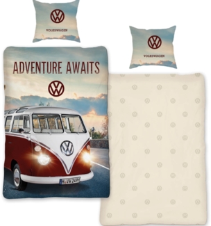 Skybrands Volkswagen Bettwäsche VW Bulli T1 On Tour Rot Renforcé 135 x 200 + 80 x 80 cm