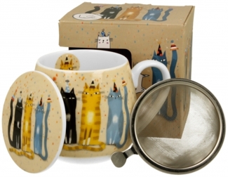 DUO ART GALLERY Fassbecher 430 ml CAT'S WORLD – PARTY mit Teesieb, New Bone China Porzellan