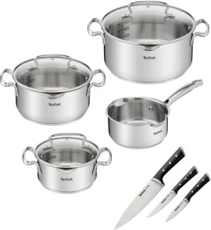 Tefal Topf-Set G719S7_K2323S74 Duetto+ Ice Force, Edelstahl (Set, 10-tlg, Kasserolle 16 cm, Töpfe mit Deckel 16/20/24 cm), rostfreier Edelstahl, Deckel m. Abgießfunktion, inkl. 3tlg. Messer-Set