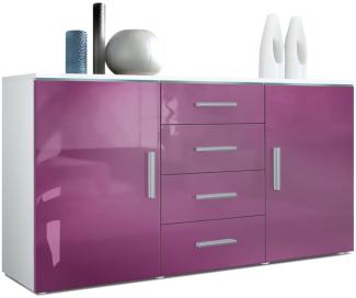 Sideboard Kommode Faro, Korpus in Weiß matt / Front in Brombeer Hochglanz (139 x 72 x 35)