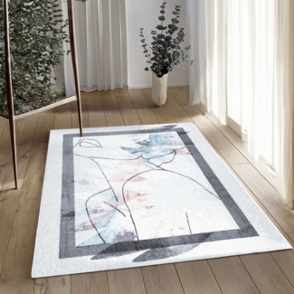 Teppich Wohnzimmer Creme Grau - 120x160cm - Modernes Design - Linien Artiges Frauen Muster Modern Kurzflor Deko Teppiche Weich Wohnzimmerteppich Jugenzimmer Schlafzimmer