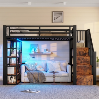 Merax Hochbett, 90 x 200 cm, Kinderbett, Jugendbett, Eisenrahmen, Ablagefach, integrierte Stufen, Schutzgeländer, Leiter, mit LED-Lichtleiste, offener Stauraum unter dem Bett, schwarz