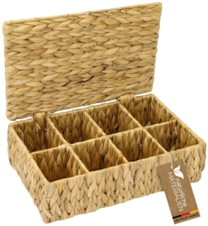 HMF Teebox Teebox für Teebeutel geflochten aus Wasserhyazinthe, Wasserhyazinthe, Tee Aufbewahrungsbox mit 8 großen Fächern, 33 x 21 x 10 cm