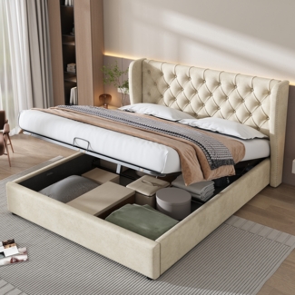 Polsterbett 207*186*99 cm, mit Knopfzugpunkten und Nieten Beige,inklusive Taschenfederkern
