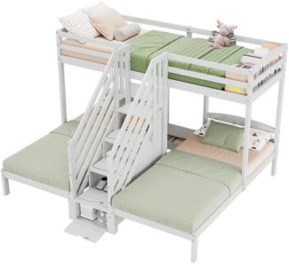 Etagenbett mit 3 Schlafgelegenheiten und Lattenrost, 90x200 cm, Kinderbett mit Rausfallschutz, Nachttisch und Stauraum, Kiefer