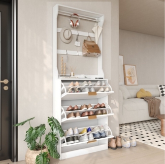 VOWNER Garderoben-Set Schuhschrank mit 3 Klappen, Garderobe & Schuhregal mit 6 Haken, (1-St), mit Kleiderstange – verstellbare Regalebenen, 80 × 24 × 208 cm