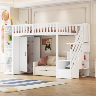 Hochbett, multifunktional mit Regalen Stauschrank großem Kleiderschrank Sicherheitsleiter mit Ablagefächern, Holzwerkstoff, Weiß, 90 x 200 cm