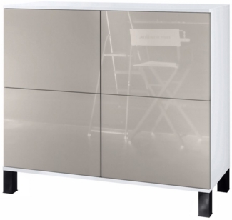 Vladon Kommode Rova V2 (Moderner Küchenschrank, mit 4 Push-to-Open Türen), Weiß matt / Sandgrau Hochglanz (92,5 x 84.5 x 35)