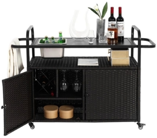 OKWISH Servierwagen Außenstangentisch, Wicker Bar Cart mit Schran, (Beistellwagen, Rollwagen, Küchenwagen, 1 St, Allwetter-Anpassungsfähigkeit), mit Stahloberteil, einem Eiseimer, abschließbaren Rädern