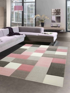 Carpetia Teppich Designer Teppich Wohnzimmer mit Karo Muster in Creme Pink Grau, rechteckig, Höhe: 13 mm