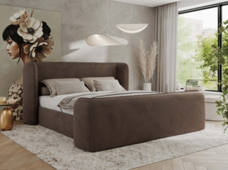 Polsterbett mit Lattenrost, Doppelbett für Schlafzimmer, Gepolstertes Kopfteil, Pocket matratze Härtegrad H3/H4 - EMORA DUO - 120 x 200 cm - Braun Velours - VIRE - LUX