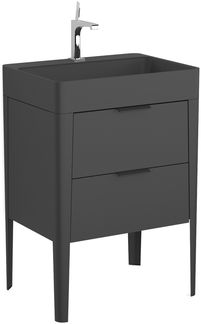 BADEDU SORA Waschbecken mit Unterschrank 60 cm breit, Schwarz matt, Waschbecken Quarzkomposit Schwarz, aus Aluminium, mit Füßen