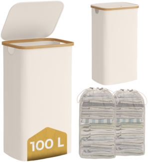 Bellamio 'Tolt' Wäschesammler aus Stoff mit Bambus, mit Deckel, 100L, zwei Fächer, mit herausnehmbaren Wäschesack, zusammenklappbar, beige