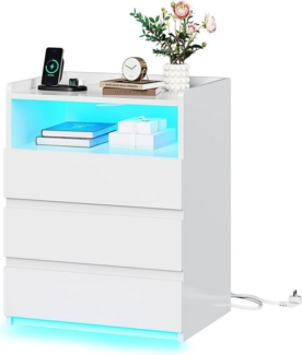 MSMASK Nachttisch mit 3 Schubladen, Steckdosenleiste und LED-Beleuchtung (1-St), Nachtschrank, Beistelltisch, 40 x 35 x 60 cm