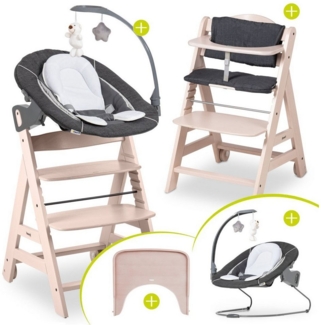 Hauck Hochstuhl Beta Plus Whitewashed Newborn SetWippe Deluxe, Holz Babystuhl ab Geburt mit Neugeborenensufsatz, Sitzkissen, Essbrett