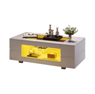 Merax Couchtisch hochglanz Sofatisch Beistelltisch mit LED-Beleuchtung (1-St, 1 Tisch), Wohnzimmertisch mit Stauraum & Glas, 100x50x35cm
