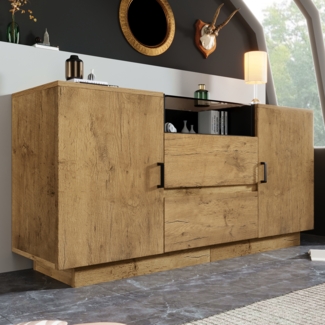 Kommode, Eichenoptik Sideboard mit 2 Schubladen und 2 Schränken (innen höhenverstellbar) & offenem Fach, ESG-Glas und schwarze Griffe, MDF + Glas, Eiche + Schwarz, 140×40×70 cm