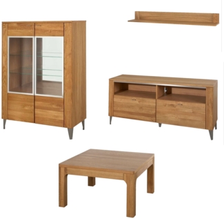 Wohnzimmer-Set Wohnwand Latina 4-teilig Honig Eiche teilmassiv Lowboad Vitrine