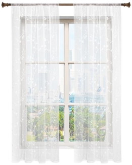 Woltu Gardine (2 St), halbtransparent, transparent Stickerei mit Kräuselband Leinen Optik