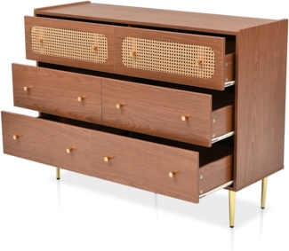 Kommode 120x40x90 cm, 6 Schubladen, Nussbaum-Optik mit Metallbeinen und Rattan-Details,Nussbaum