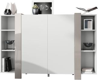 Vladon Highboard Ida V2, Anrichte mit 12 Fächern, Korpus in Weiß matt, Blenden in Sandgrau Hochglanz (149 x 101 x 34 cm)