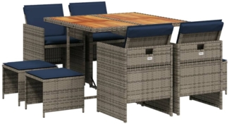 vidaXL 9-teiliges Garten-Ess-Set mit Kissen, grau, Polyrattan 3277732