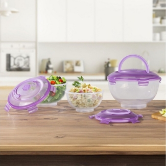 Gravidus Salatbox Salatschüssel Set 3-teilig mit Tragegriff lila Deckel Polypropylen, Polypropylen, Silikon