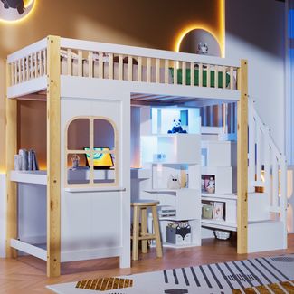 Hochbett 90×200 cm für Kinder mit LED-Beleuchtung, integrierter Schreibtisch,mehrstöckigen Trittschrank,halbgeschlossener Spielbereich