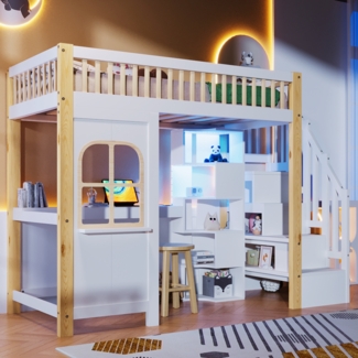 Hochbett 90×200 cm für Kinder mit LED-Beleuchtung, integrierter Schreibtisch,mehrstöckigen Trittschrank,halbgeschlossener Spielbereich