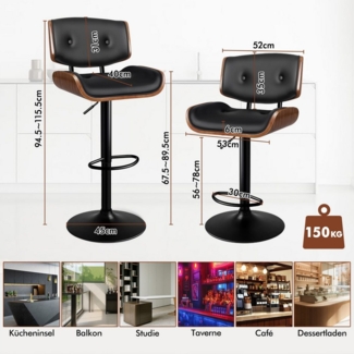 ALFORDSON Barhocker Verstellbarer, Sitzfläche aus geknöpftem PU-Leder (1er-set, 360°-Drehung, Gasdruckfeder), Solide Basis, Odette-Design, Schwarz
