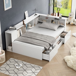 Tongtong Einzelbett Multifunktionales Kinderbett mit Schubladen,Bettkasten mit Stauraum (Belastbarkeit maximal: 300kg), Bücherregal und Stauschrank, 90*200cm, Weiß, ohne Matratze