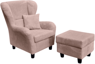 OHRENSESSEL mit HOCKER, hoher Sitzkomfort durch Wellenunterfederung B90/H98/T76 cm, Cord Rosa