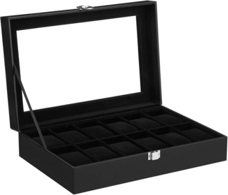 Uhrenbox mit 12 Fächern, Glasdeckel & herausnehmbaren Uhrenkissen, Holz schwarz, 8,5 x 30 x 21 cm