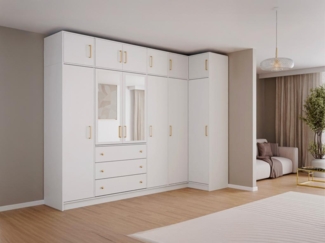 Vente-unique - Eckkleiderschrank mit 6 Türen & 3 Schubladen + Aufsätze - Mit Spiegel - 311 cm - Weiß - LIZANDRO
