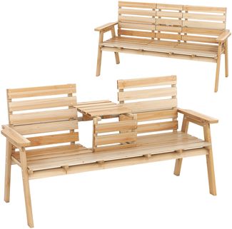 Outdoor-Bank aus Tannenholz mit klappbarem Mitteltisch Gartenbank für 2–3 Personen mit Rückenlehne & Armlehnen Natur