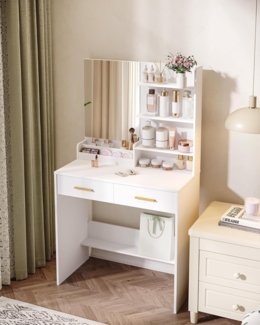 Schminktisch mit Spiegel, Schminkkommode mit 4 offenen Ablagef?chern und 2 F?chern, Schminktisch mit 2 Schubladen, fr Schlafzimmer, Wohnzimmer, Wei?