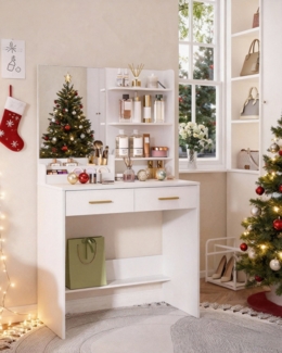 Schminktisch mit Spiegel, Schminkkommode mit 4 offenen Ablagefächern und 2 Fächern, Schminktisch mit 2 Schubladen, für Schlafzimmer, Wohnzimmer, Weiß