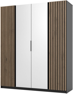 Selsey 'Kaja' Kleiderschrank 4-türig mit seitlichen Lamellen & Spiegel, schwarz, ca. 239 x 200 x 62 cm