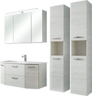 Saphir Badmöbel-Set Quickset 936 4-teilig, Mineralmarmor-Waschtisch und LED-Spiegelschrank, (Set, 4-St), 2 Hochschränke, Eiche Weiß quer Nachbildung, inkl. Türdämpfer, 9 Türen
