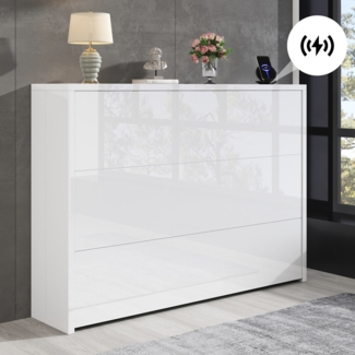 Schreibtisch, Faltbar mit Rollen & Wireless Charger, 2-in-1 Sideboard & Arbeitsplatz mit Regal & Anti-Kipp, MDF, Weiß Hochglanz, 115×27×93 cm geschlossen / 95×51 cm Tischfläche