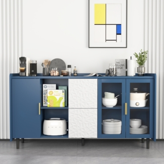 Moderner Küchenbuffetschrank mit Glastüren 2 Schubladen 150x40x80 cm Blau